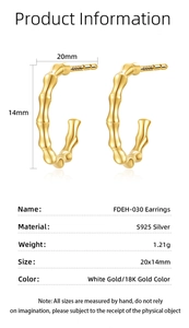 Detailed close-up of golden bamboo textured S925 silver earrings with technical dimensions