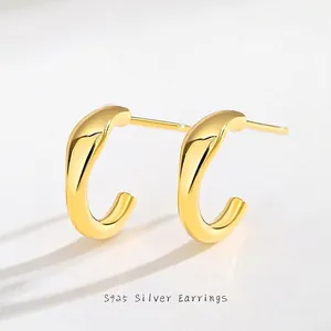 Boucles d'Oreilles Créoles en Argent Sterling 925 pour Femmes Style Français Minimaliste Géométrique Ovale Forme en C