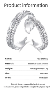 Detailed view of feather texture on S925 sterling silver couple rings with cubic zirconia