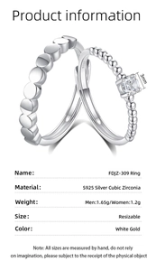 Detail view of adjustable S925 sterling silver couple rings with cubic zirconia inlay