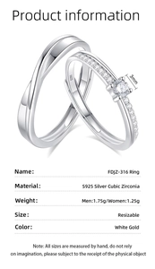 Detailed specs for Mobius S925 silver couple rings featuring cubic zirconia accents