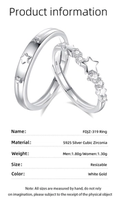 Detail view of adjustable S925 sterling silver couple rings with star relief and zircon