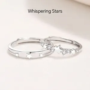 S925 Sterling Silver Meteor Whispering Star Couple Open Rings Rhinestone Inlaid Adjustable Fashion Finger Jewelry Valentine Gift