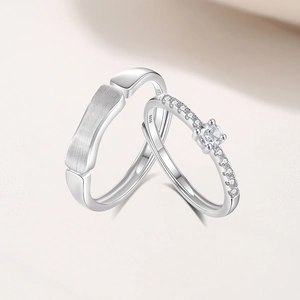 Élégantes bagues de couple en argent sterling S925 avec anneau mat et bague en diamant brillant