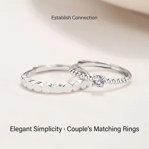 925 Sterling Silver Couple Rings Set Adjustable Open Design Minimalist Geometric Single Rhinestone Inlaid White Gold Plated Jewelry