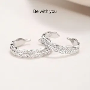 S925 Sterling Silver Feather Open Rings For Couples Inlaid Cubic Zirconia Adjustable Resizable Fashion Finger Rings Women Men Jewelry Gift