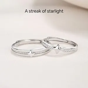Bagues de Couple en Argent Sterling 925 Avec Incrustation de Zirconia Motif Étoile Bagues Ouvertes Réglables Bijoux Minimalistes