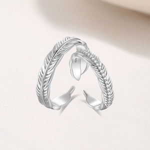 Adjustable S925 sterling silver feather couple rings set with micro-inlaid diamonds