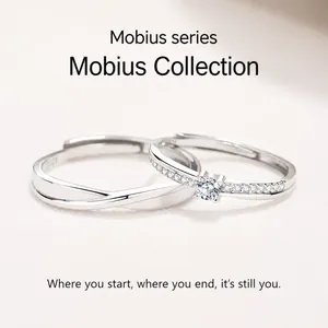 S925 Sterling Silver Mobius Couple Rings For Women Men Adjustable Zirconia Inlaid Minimalist Matching Rings Valentine Gift