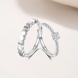 S925 sterling silver couple rings set with minimalist bead band and cubic zirconia