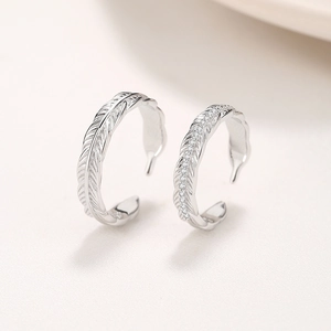 Adjustable S925 sterling silver feather couple rings with sparkling zircon inlay