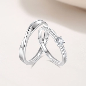 S925 sterling silver Mobius couple rings with adjustable band and sparkling zircon stones