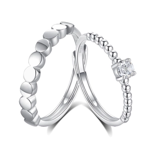 S925 sterling silver adjustable couple ring set with solitaire diamond and beaded band