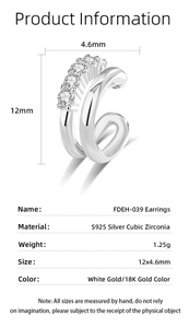Detailed size specifications for S925 silver double-layer cuff earring with cubic zirconia