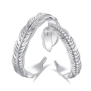 S925 sterling silver feather open rings for couples with polished finish and zircons