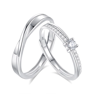 S925 silver Mobius couple rings with adjustable bands and sparkling cubic zirconia