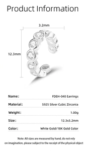Fiche technique du clip d'oreille en argent S925 avec dimensions et détails du zircon