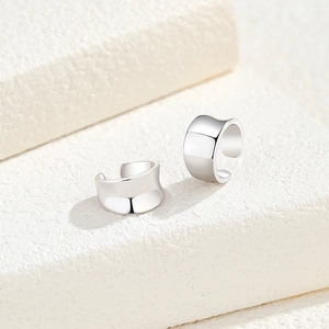 Polished S925 silver irregular wide C-shape ear cuffs for non-pierced ears