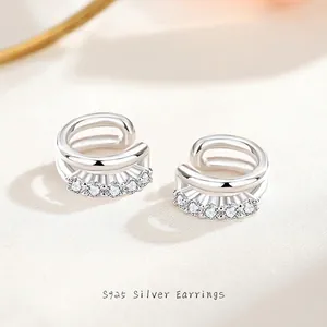 Minimalist 925 Sterling Silver Double Layer Ear Cuff For Women Zirconia Inlaid C-Shaped Non-Piercing Clip Earrings Fashion Jewelry