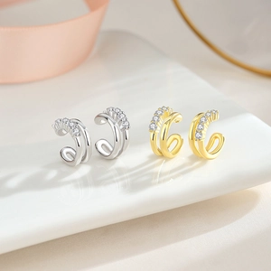 Minimalist double layer S925 silver ear cuffs with pavé crystals in gold and silver