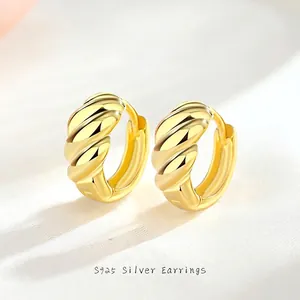 Boucles d'Oreilles Créoles Croissant en Argent Sterling 925 pour Femmes Bijoux Géométriques Plaqués Or Argent