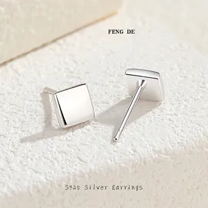 S925 Sterling Silver Minimalist Square Stud Earrings For Women Mirror Finish Geometric Cube Earrings Fashion Jewelry Accessories