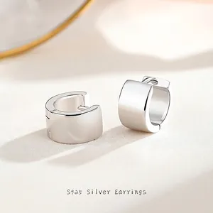 S925 Sterling Silver Wide Surface Hoop Earrings Minimalist Polished Circle Geometric Ear Buckle Fashion Jewelry For Women Gift