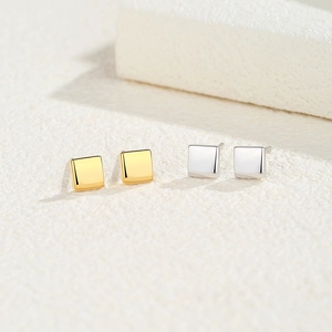 Minimalist S925 silver square stud earrings in polished gold and silver finishes