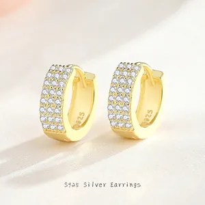 925 Sterling Silver Micro Inlaid Three Row Zirconia Hoop Earrings Women Elegant Minimalist Geometric Round Ear Buckle Jewelry