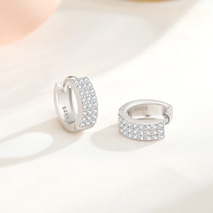 S925 Sterling Silver Hoop Earrings with three rows of micro-pave white zircon stones