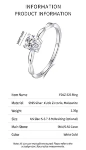 Detailed spec sheet of S925 silver four-prong ring with a 0.5ct moissanite stone