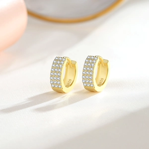 S925 silver triple row micro-pave gold hoop earrings with sparkling cubic zirconia