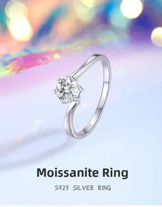 Macro shot of S925 sterling silver moissanite ring with six-prong setting and hallmark