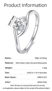 Detailed spec sheet for 0.5ct moissanite S925 silver ring with adjustable sizing