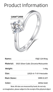 Detail view of S925 sterling silver ring featuring a 0.5CT zircon stone with size specs