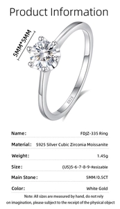 Detail view of 5mm 0.5ct moissanite ring with S925 silver six-prong setting and size specs