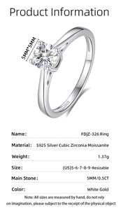 Technical chart of S925 silver ring with 0.5CT moissanite stone and six-prong setting
