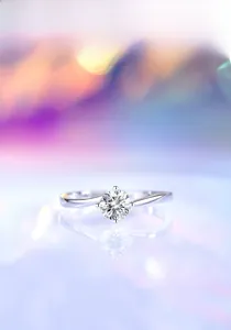 Macro detail of S925 silver ring featuring a four-prong round zircon on reflective surface