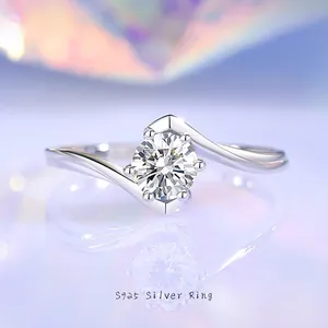 Anello in Argento Sterling 925 Donna Tondo Moissanite Zirconia Angel Kiss Bypass Regolabile Lusso Moda Gioielli Regalo