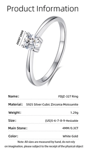 Detailed specs of S925 silver ring featuring 0.3CT round moissanite in six-prong setting