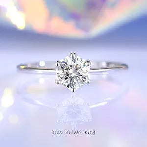 Classic Six Prong Solitaire Ring 925 Sterling Silver Moissanite Zircon Engagement Wedding Band For Women Jewelry