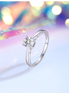 Macro detail of classic S925 sterling silver ring with 0.5CT round moissanite setting