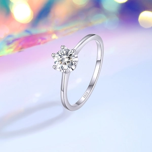 Classic S925 sterling silver six-prong moissanite ring with a brilliant round cut stone