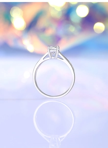 Close-up of a classic four-prong S925 silver ring featuring a round 0.5CT moissanite stone