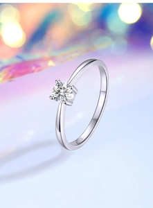 Detail view of S925 sterling silver stamp on 0.3CT moissanite ring with four-prong setting