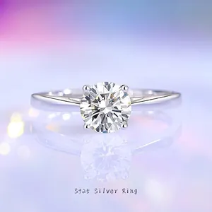 Moissanit Ring S925 Sterlingsilber Rundschliff Verlobung Hochzeit Edler Schmuck Damen Weißgold Plattiert Pendler Stil