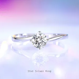 Luxury 925 Sterling Silver Moissanite Ring For Women Round Cut Zircon Four-Prong Solitaire Twisted Band Engagement Wedding Ring Jewelry