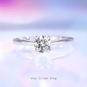 925 Sterling Silver Moissanite Ring Classic Four Prong Solitaire Zirconia Ring Elegant Engagement Wedding Ring Women Jewelry
