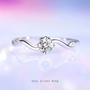 Luxury 925 Sterling Silver Moissanite Ring For Women Elegant Wave Twisted Design Adjustable Opening Zirconia Band Jewelry