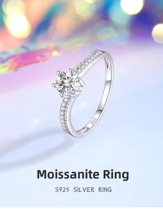 Close-up of S925 sterling silver ring featuring a six-prong moissanite stone setting